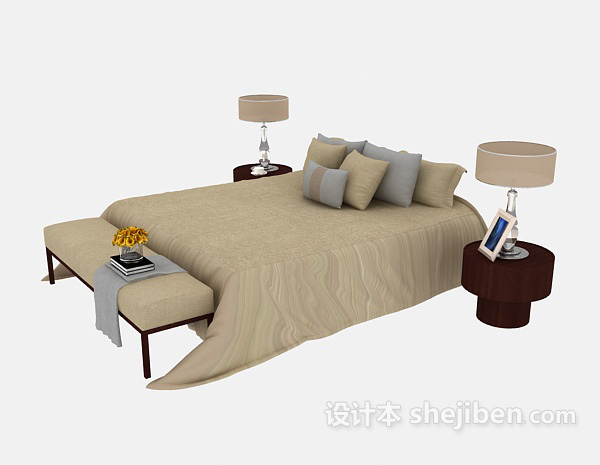 设计本家居木质棕色简单双人床3d模型下载