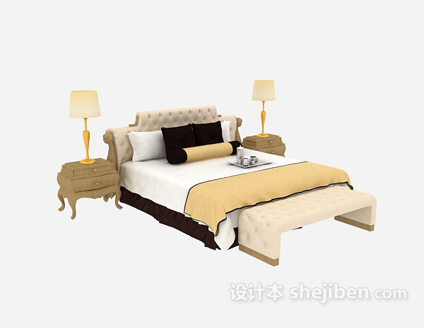 欧式家居木质黄色双人床3d模型下载