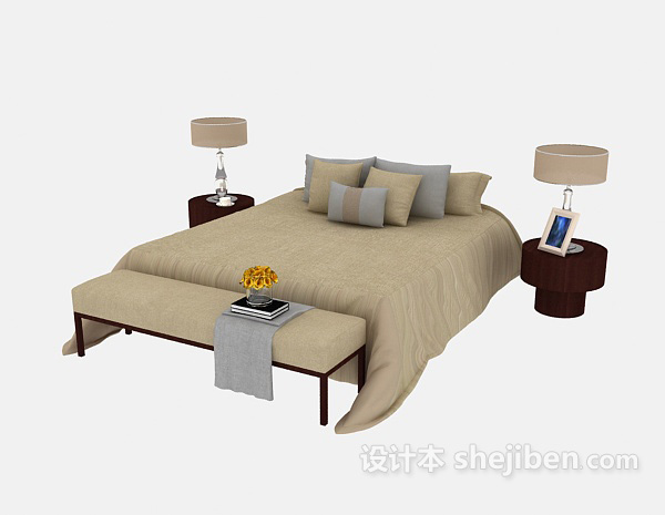 免费家居木质棕色简单双人床3d模型下载