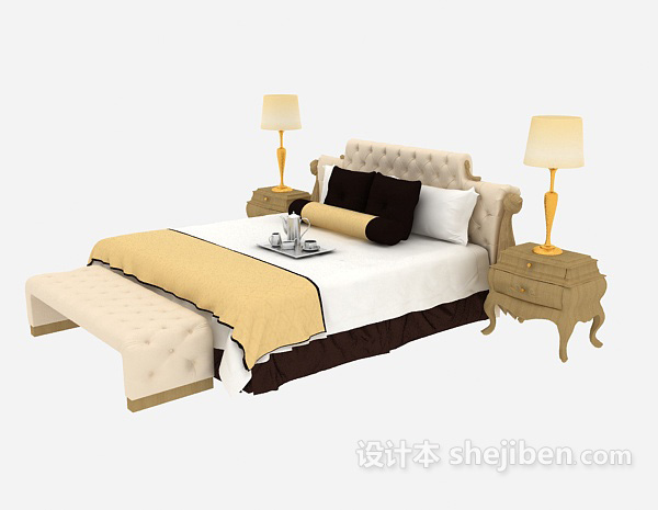 设计本欧式家居木质黄色双人床3d模型下载