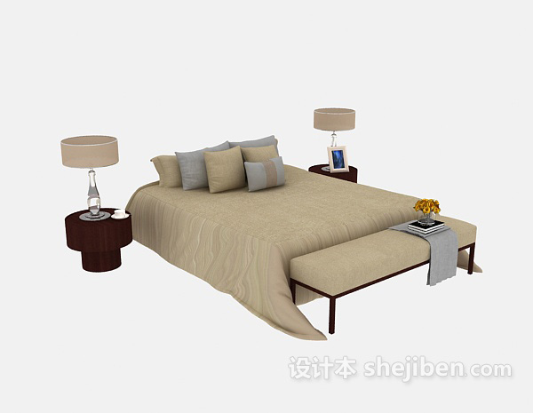 家居木质棕色简单双人床3d模型下载