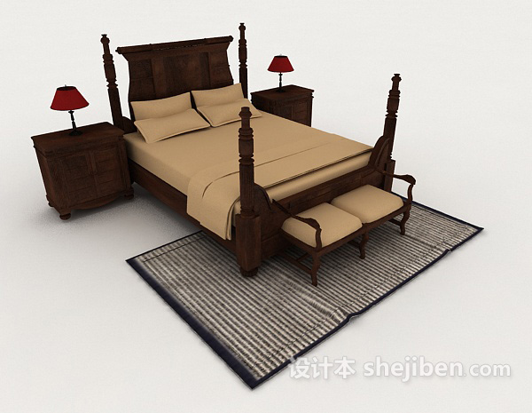 设计本新中式木质简约床3d模型下载