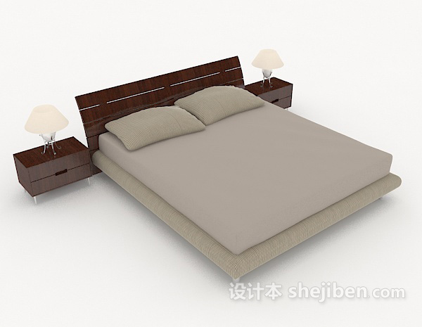 免费简约灰色木质双人床3d模型下载