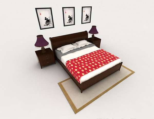 免费中式木质棕色双人床3d模型下载
