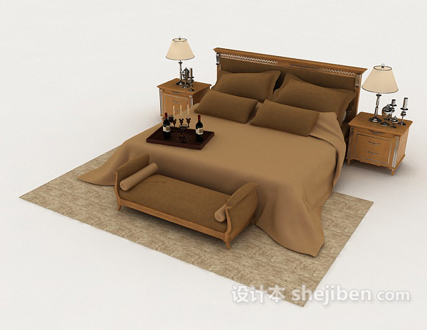 免费现代棕色家居双人床3d模型下载