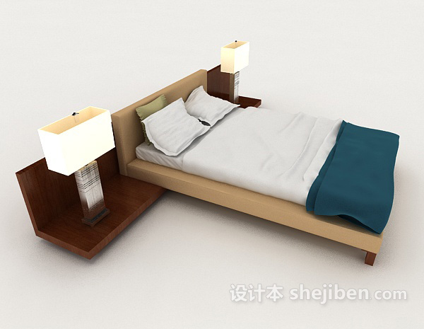免费简约家居木质双人床3d模型下载