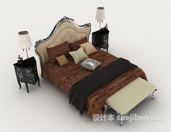 欧式家居木质双人床3d模型下载