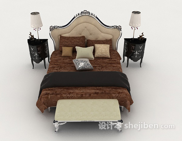 欧式风格欧式家居木质双人床3d模型下载