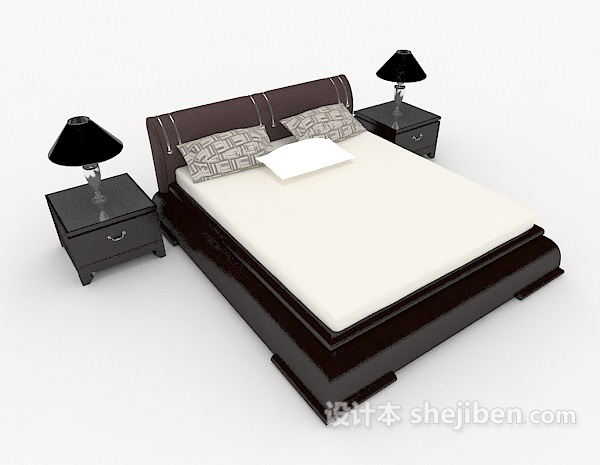 木质黑白简单双人床3d模型下载