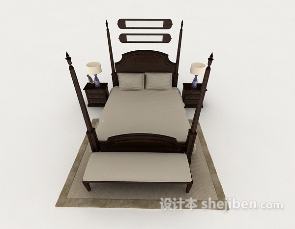 中式风格新中式家居实木双人床3d模型下载