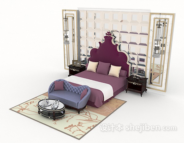 免费欧式风格清新双人床3d模型下载