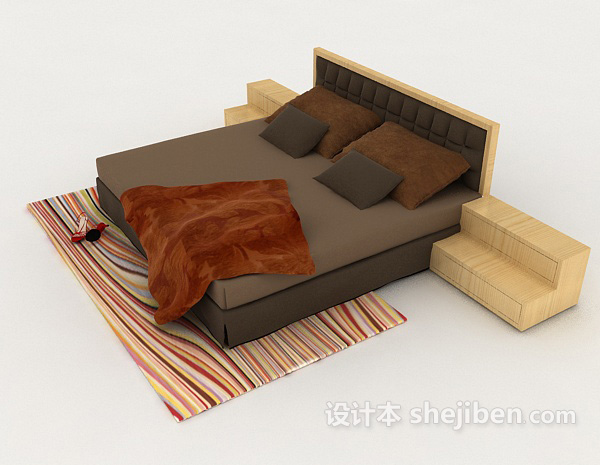 设计本简约家居木质深棕色双人床3d模型下载