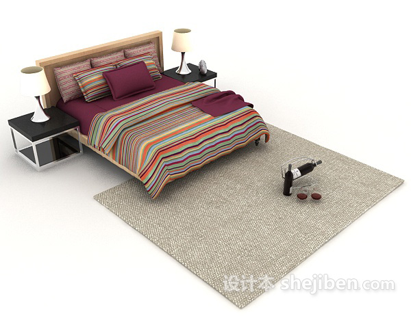 个性彩色条纹双人床3d模型下载