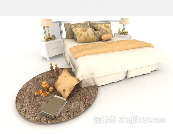 现代风格简约家居黄色木质双人床3d模型下载