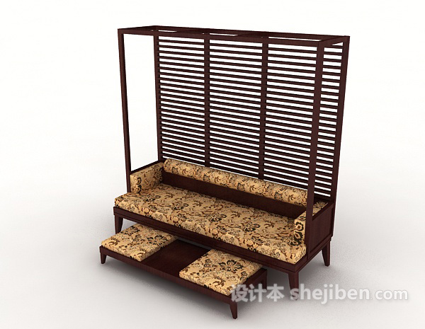 中式木质双人沙发3d模型下载