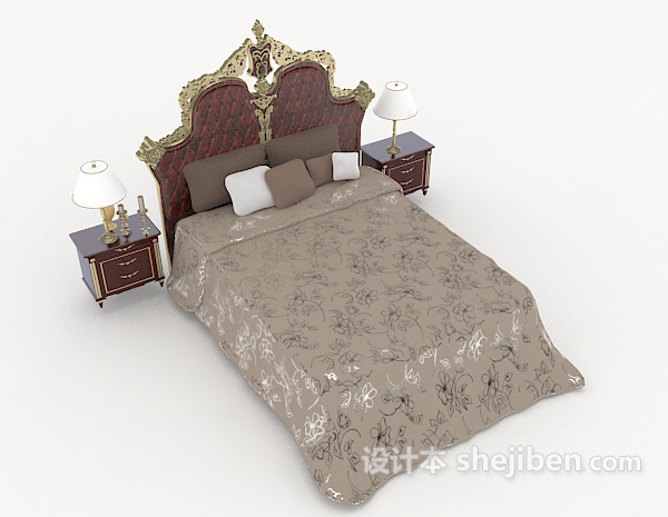 免费欧式灰色气质双人床3d模型下载