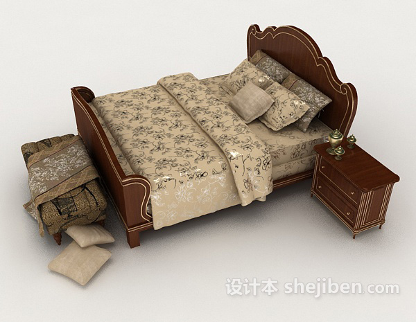 设计本家居棕色花纹双人床3d模型下载