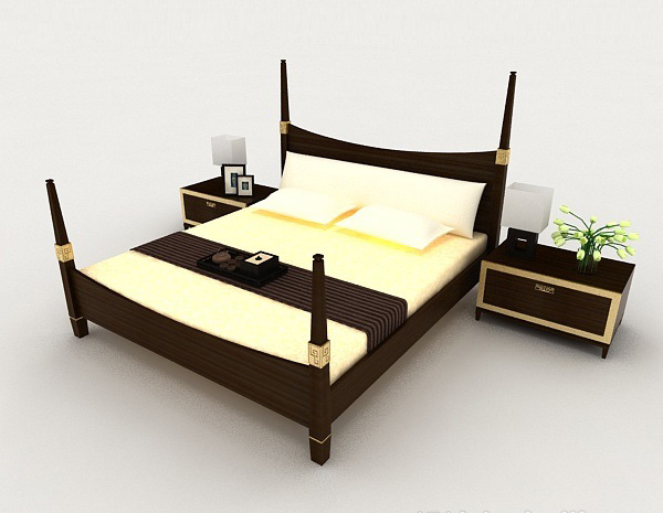 免费简单商务木质双人床3d模型下载