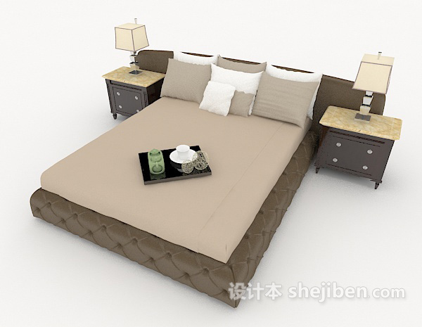 家居简约灰棕色双人床3d模型下载