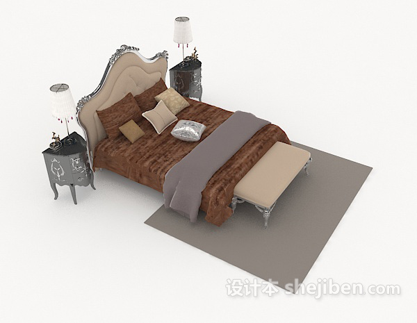 免费欧式棕色双人床3d模型下载