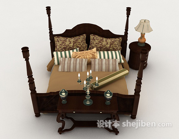 中式风格中式家居棕色木质双人床3d模型下载