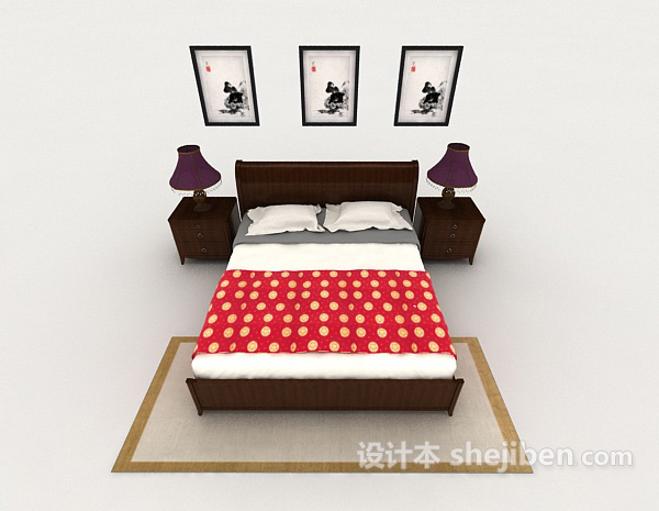 中式风格中式木质棕色双人床3d模型下载
