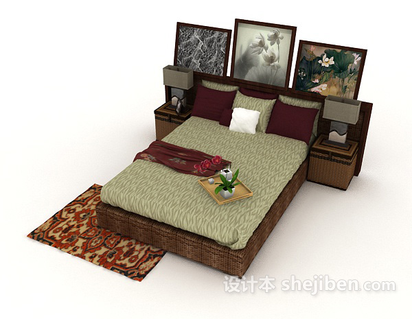 免费新中式家居棕色木质双人床3d模型下载