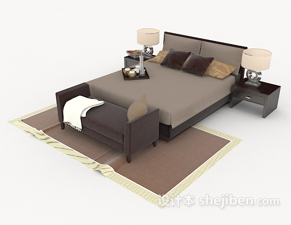 免费家居简约灰色木质双人床3d模型下载