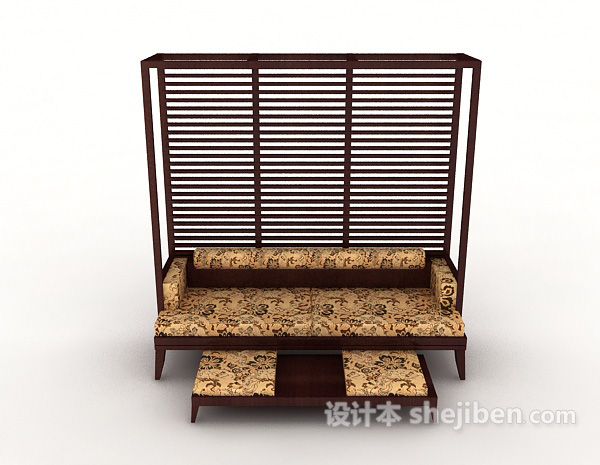中式风格中式木质双人沙发3d模型下载