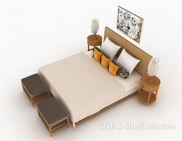 免费现代实木居家双人床3d模型下载