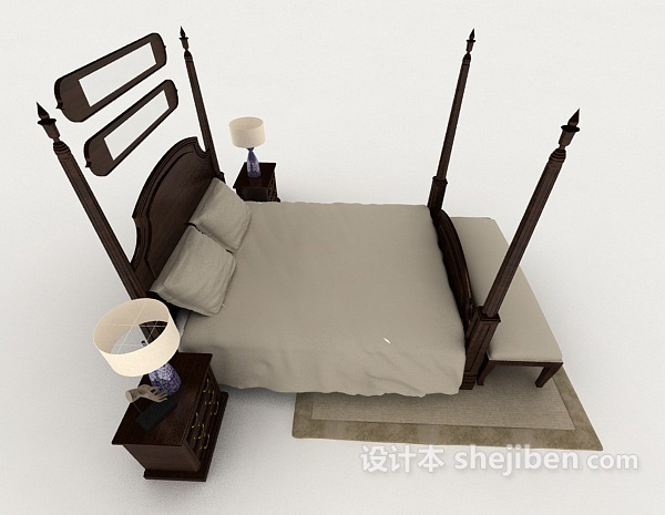 设计本新中式家居实木双人床3d模型下载