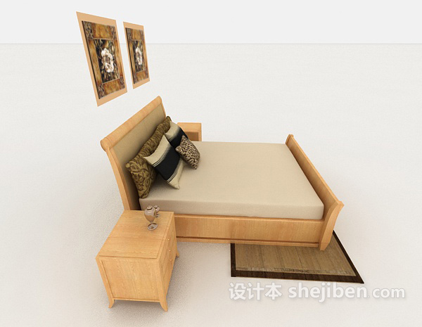 设计本家居黄色木质双人床3d模型下载