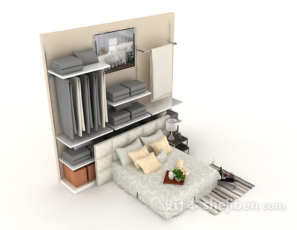 家居灰色简单双人床3d模型下载