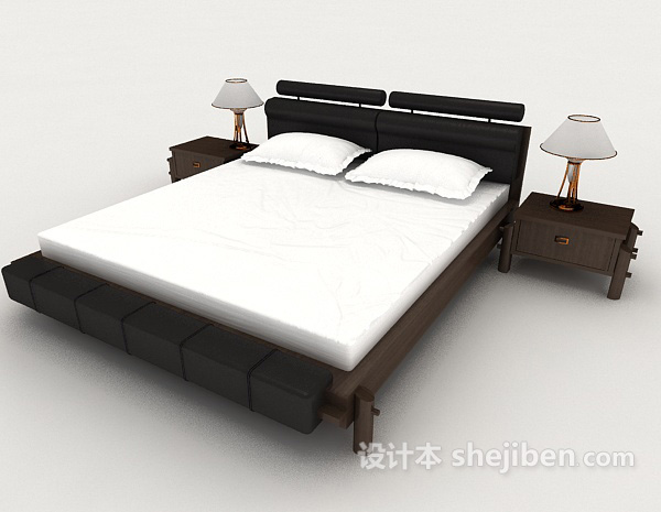 免费新中式黑色双人床3d模型下载
