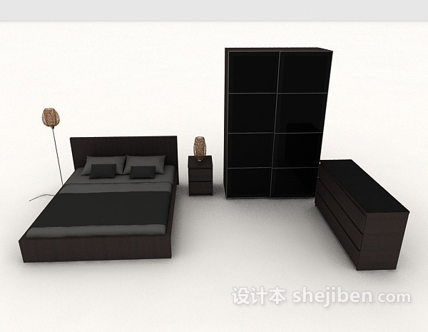 现代风格家居简约黑色双人床3d模型下载