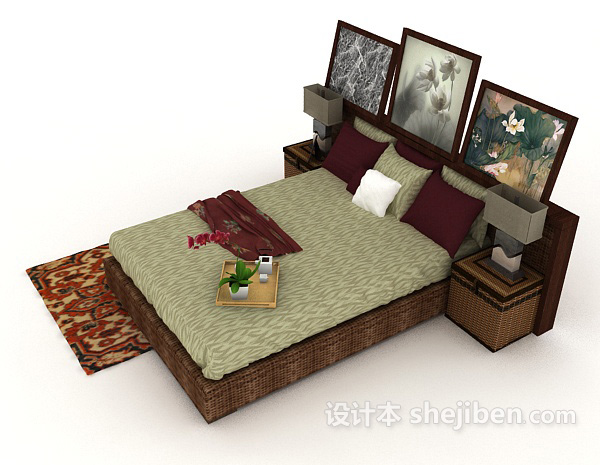 设计本新中式家居棕色木质双人床3d模型下载