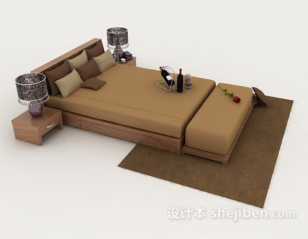 设计本棕色简单双人床3d模型下载
