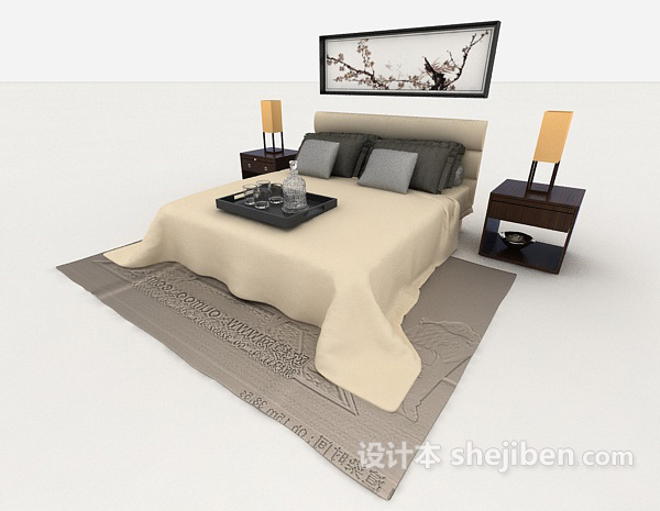 新中式风格家居床3d模型下载
