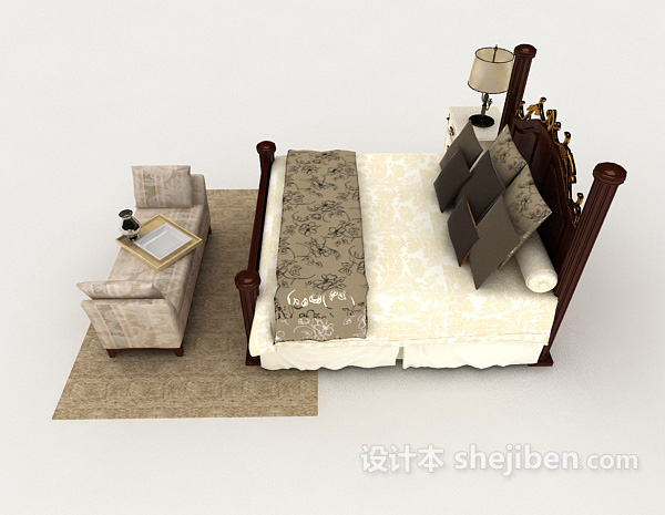 设计本欧式木质简单家居双人床3d模型下载