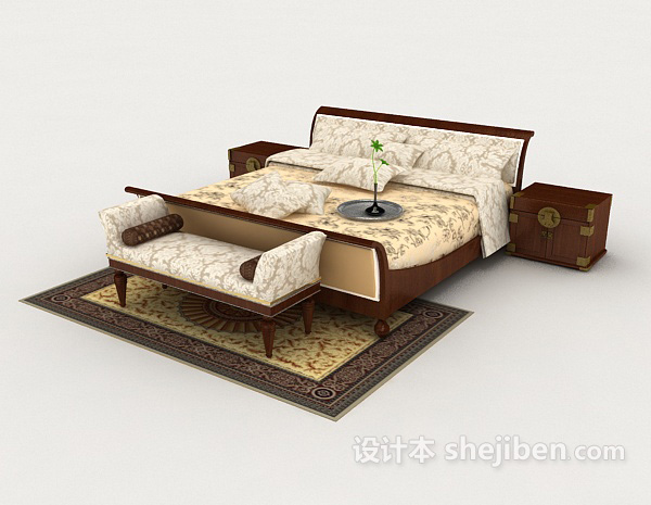 免费木质家居花纹双人床3d模型下载