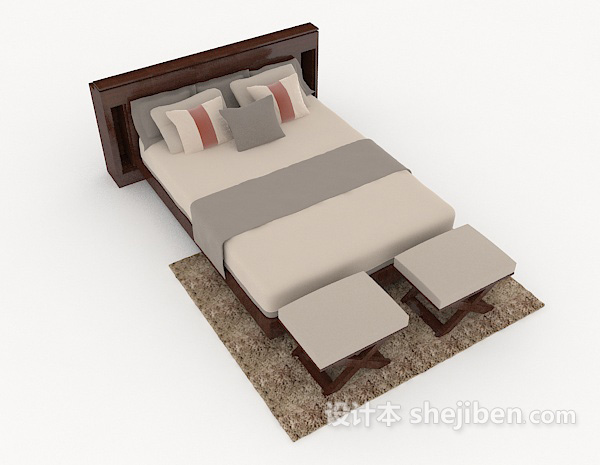 商务简约木质灰色双人床3d模型下载