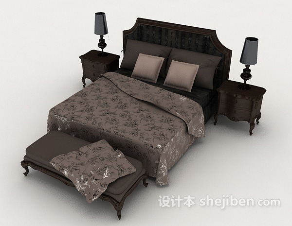 免费欧式灰色木质双人床3d模型下载