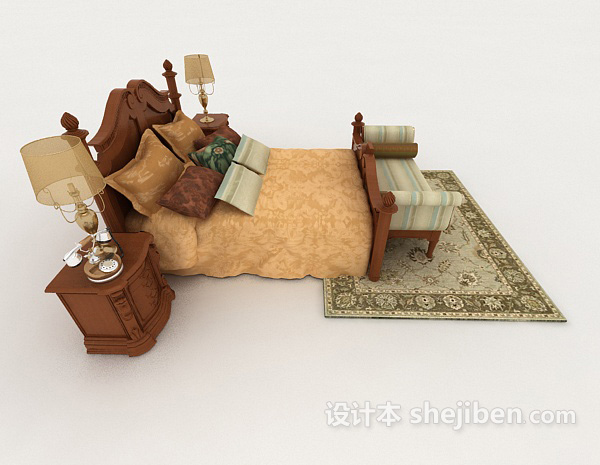设计本木质黄棕色家居双人床3d模型下载
