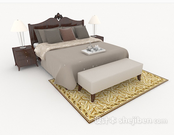 免费中式木质灰棕色双人床3d模型下载