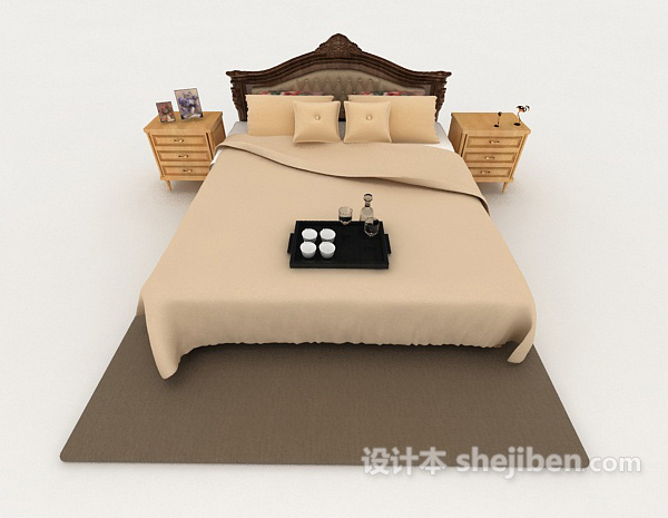 现代风格家居棕色木质简单双人床3d模型下载