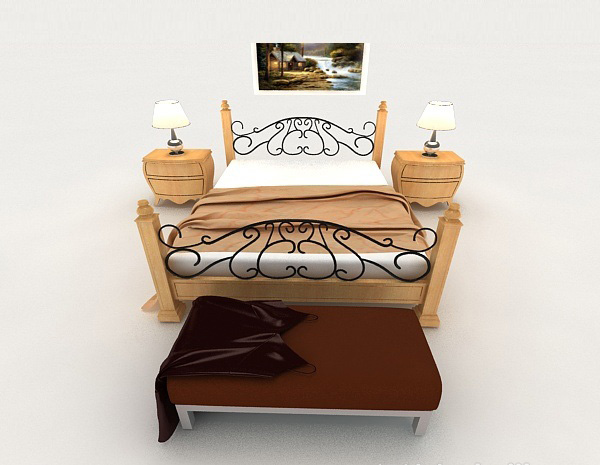 其它简约木质铁艺双人床3d模型下载