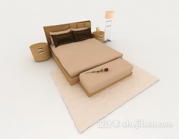 现代风格家居简单木质棕色双人床3d模型下载