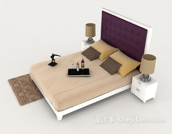 设计本家居现代木质棕色双人床3d模型下载
