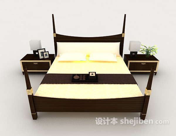 现代风格简单商务木质双人床3d模型下载