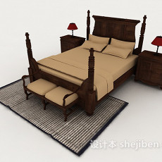 新中式木质简约床3d模型下载